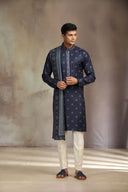 Luxurious Navy Pashmina Silk Kurta Set featuring a refined print design.