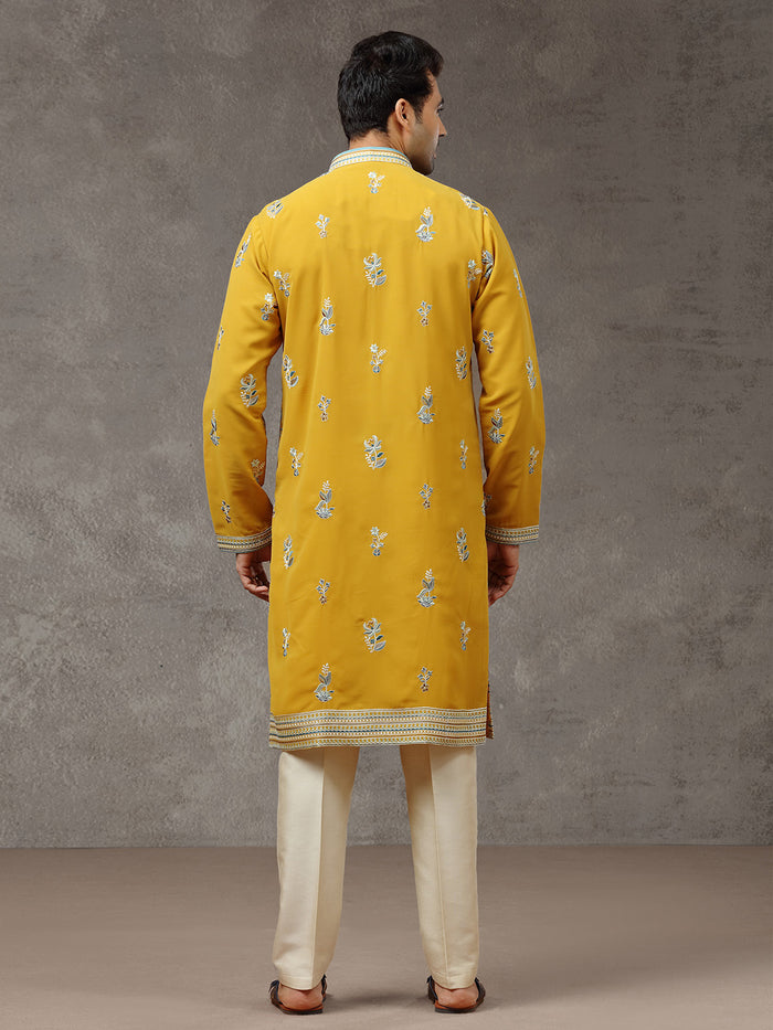Mustard Embroidered Kurta with Aligarhi Pants