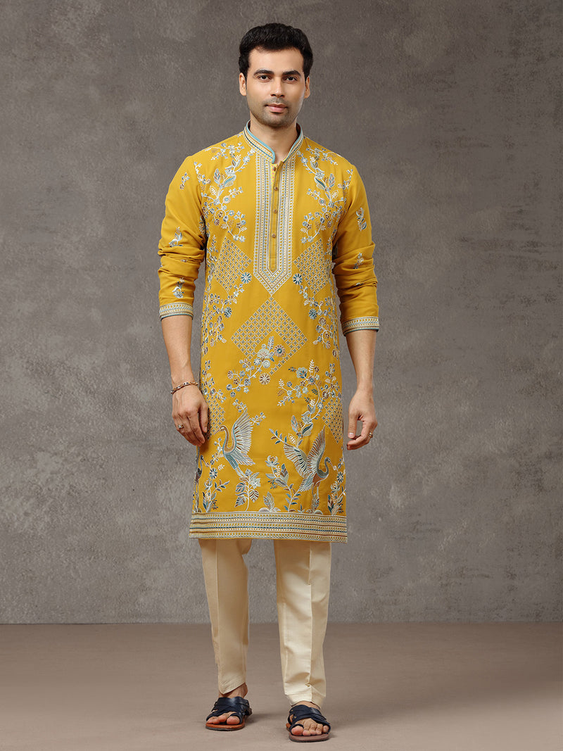 Mustard Embroidered Kurta with Aligarhi Pants - KORANM