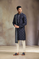 Luxurious Navy Pashmina Silk Kurta Set featuring a refined print design.