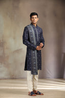 Luxurious Navy Pashmina Silk Kurta Set featuring a refined print design.