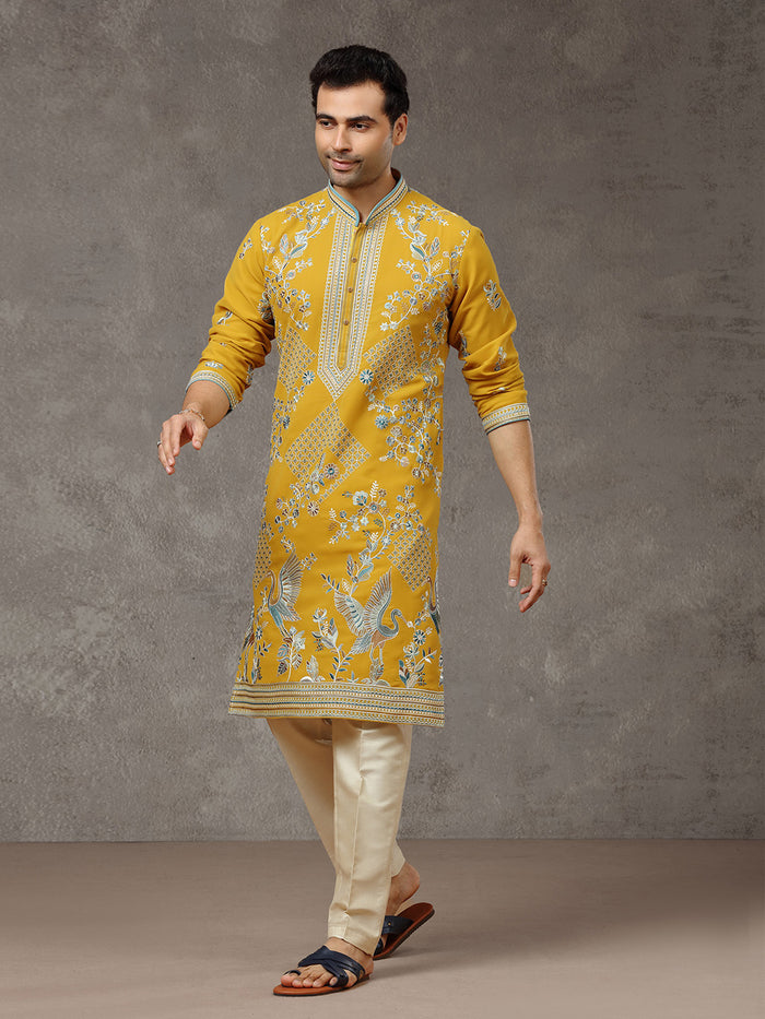 Mustard Embroidered Kurta with Aligarhi Pants