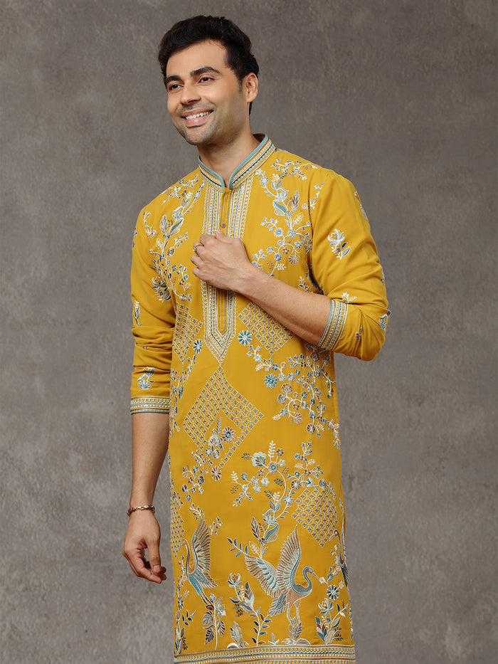 Mustard Embroidered Kurta with Aligarhi Pants