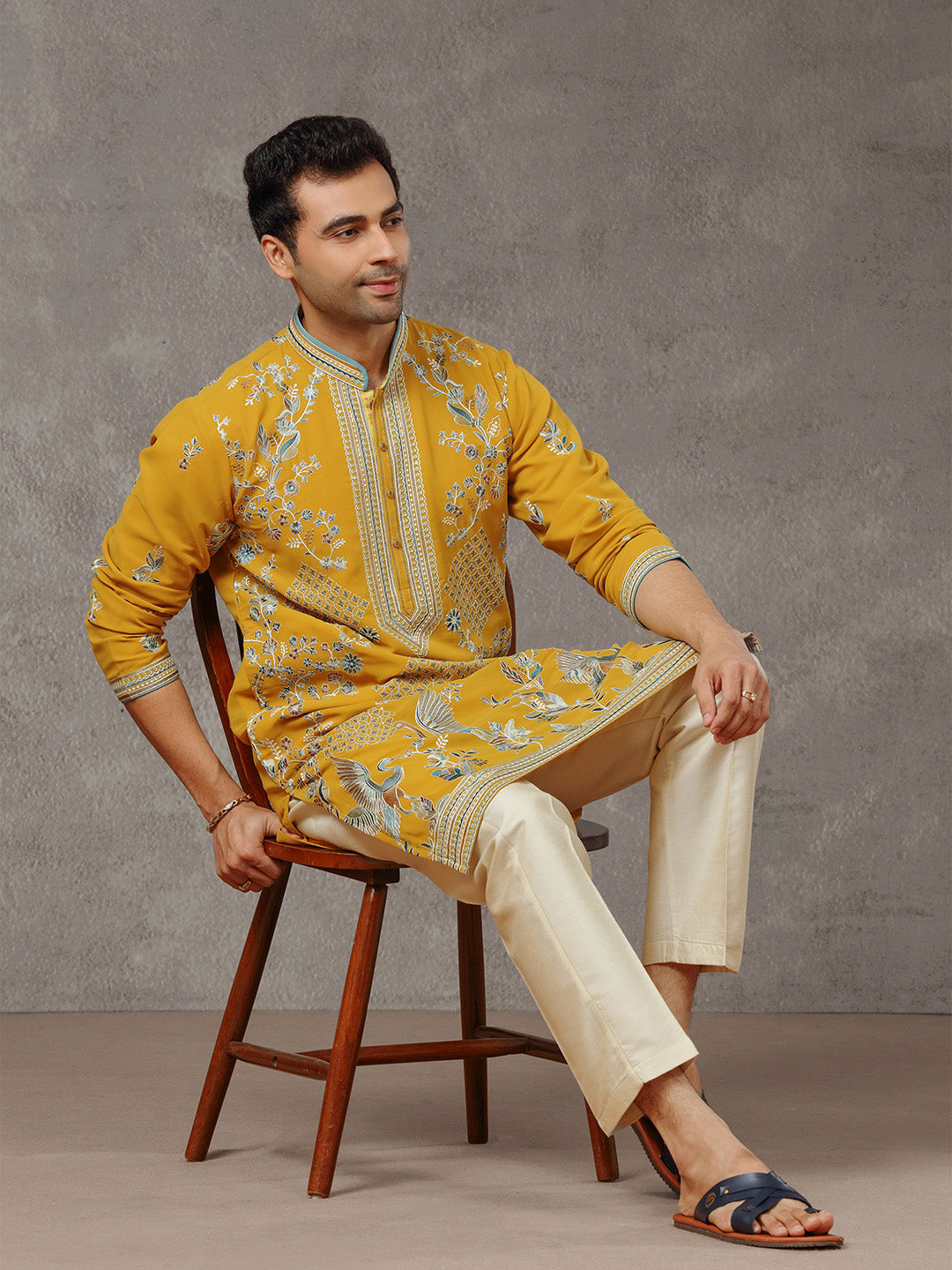 Mustard Embroidered Kurta with Aligarhi Pants - KORANM