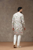 White Silk Floral Animal Embroidered Kurta with White Aligarhi