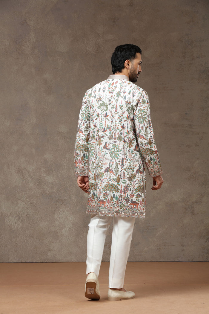 White Silk Floral Animal Embroidered Kurta with White Aligarhi - KORANM