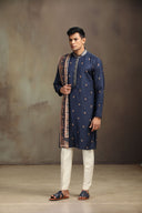 Navy Pashmina Silk Kurta Set with striking print and matching dupatta.