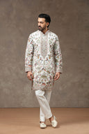 White Silk Floral Animal Embroidered Kurta with White Aligarhi