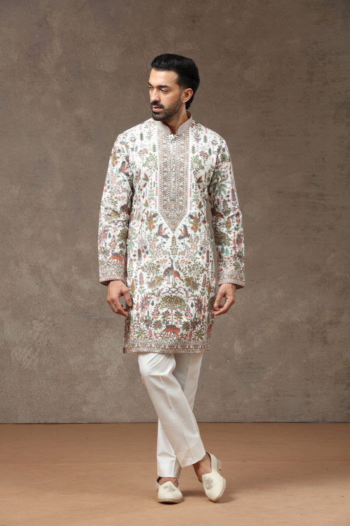 White Silk Floral Animal Embroidered Kurta with White Aligarhi - KORANM