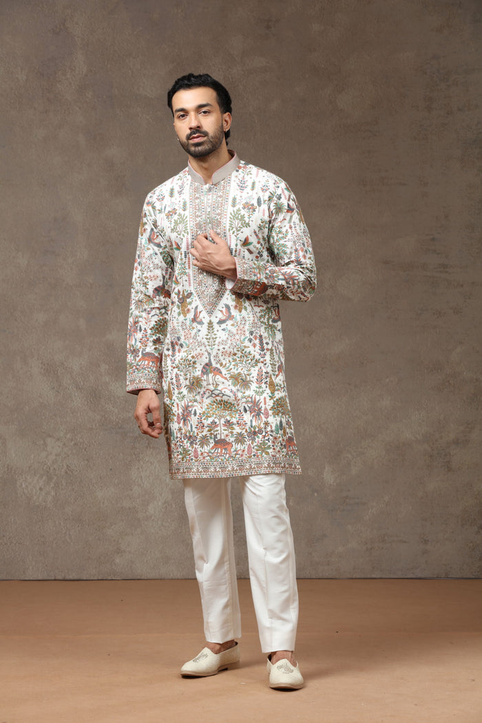 White Silk Floral Animal Embroidered Kurta with White Aligarhi - KORANM