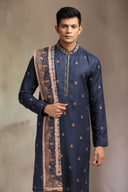 Navy Pashmina Silk Kurta Set with striking print and matching dupatta.