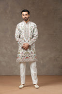 White Silk Floral Animal Embroidered Kurta with White Aligarhi