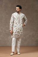 White Silk Floral Animal Embroidered Kurta with White Aligarhi