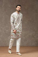 White Silk Floral Animal Embroidered Kurta with White Aligarhi