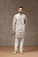 White Silk Floral Animal Embroidered Kurta with White Aligarhi