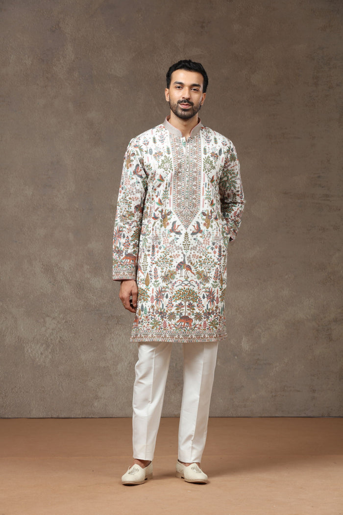 White Silk Floral Animal Embroidered Kurta with White Aligarhi - KORANM