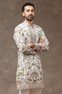 White Silk Floral Animal Embroidered Kurta with White Aligarhi