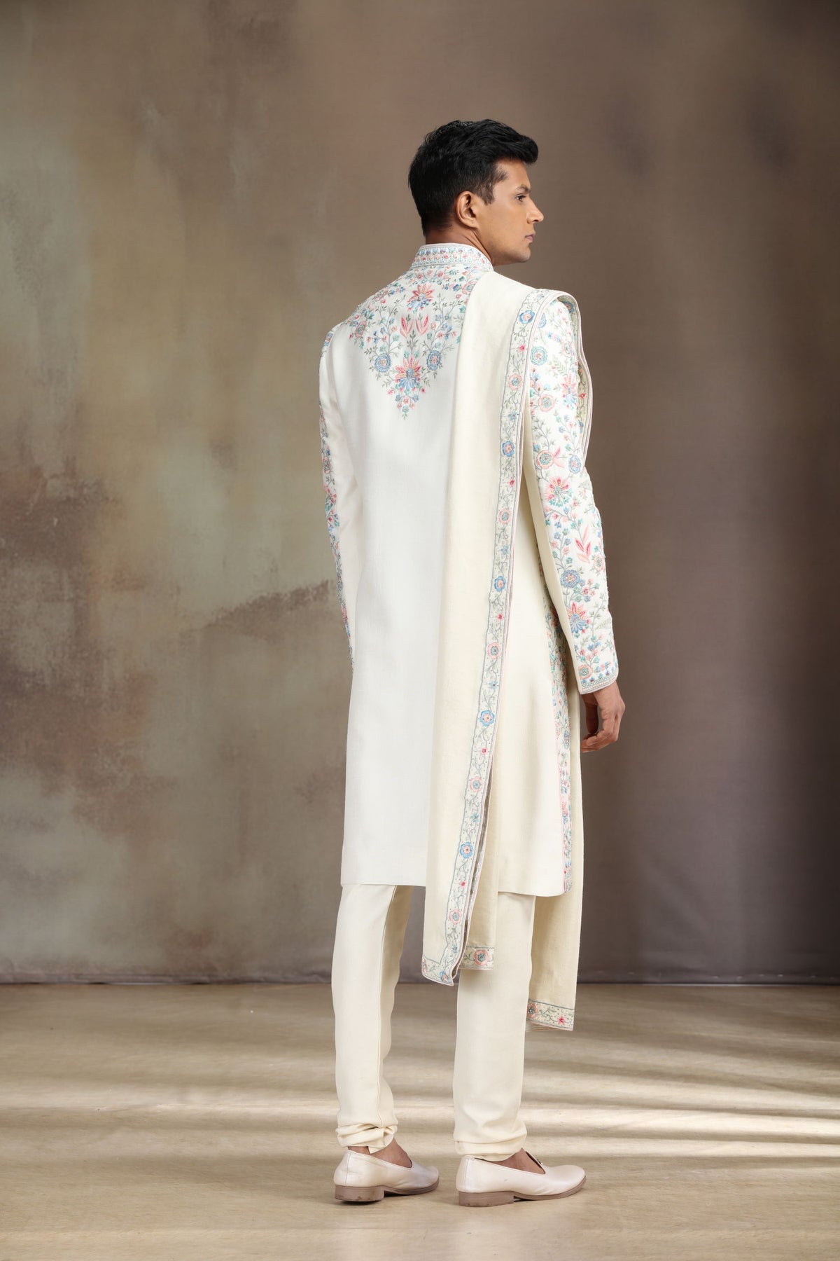 Front and Back View of Cream Prabal Silk Embroidered Sherwani for Men