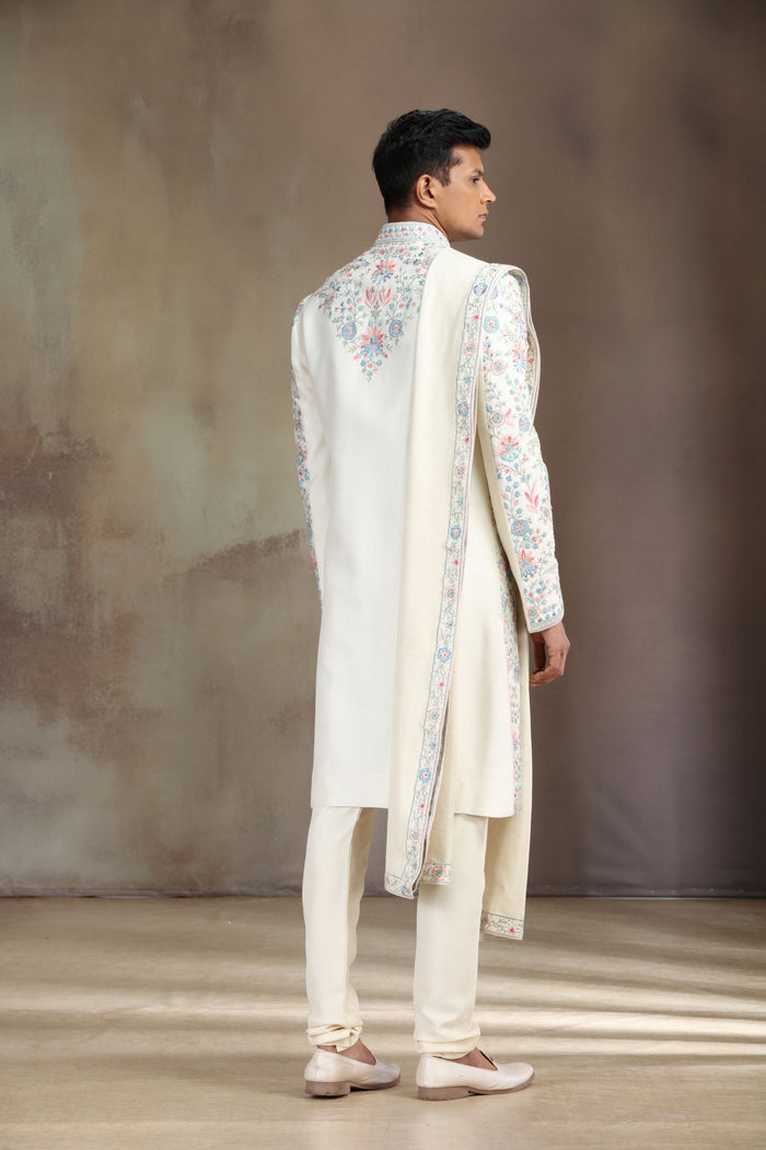 Front and Back View of Cream Prabal Silk Embroidered Sherwani for Men