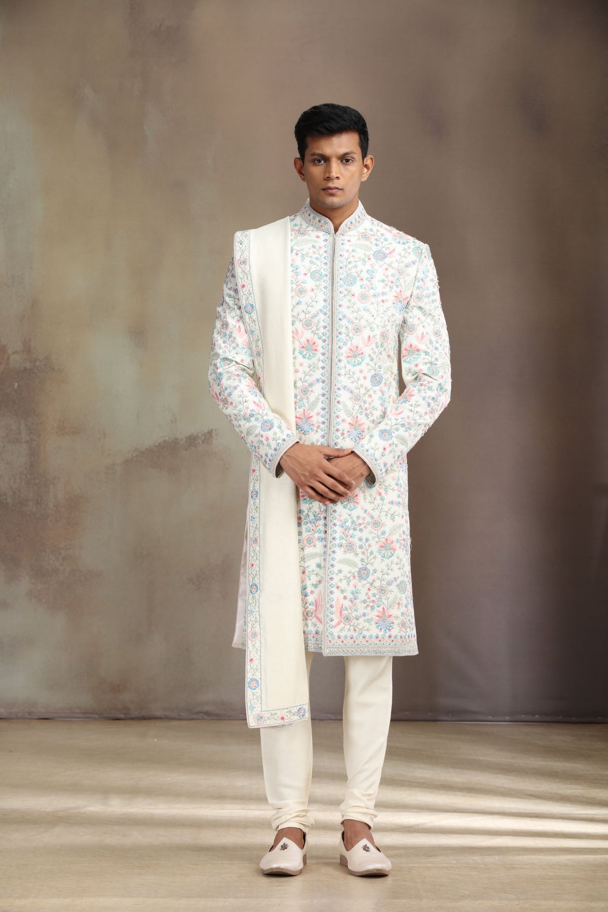 Men’s Cream Wedding Sherwani in Prabal Silk with Intricate Embroidery Work