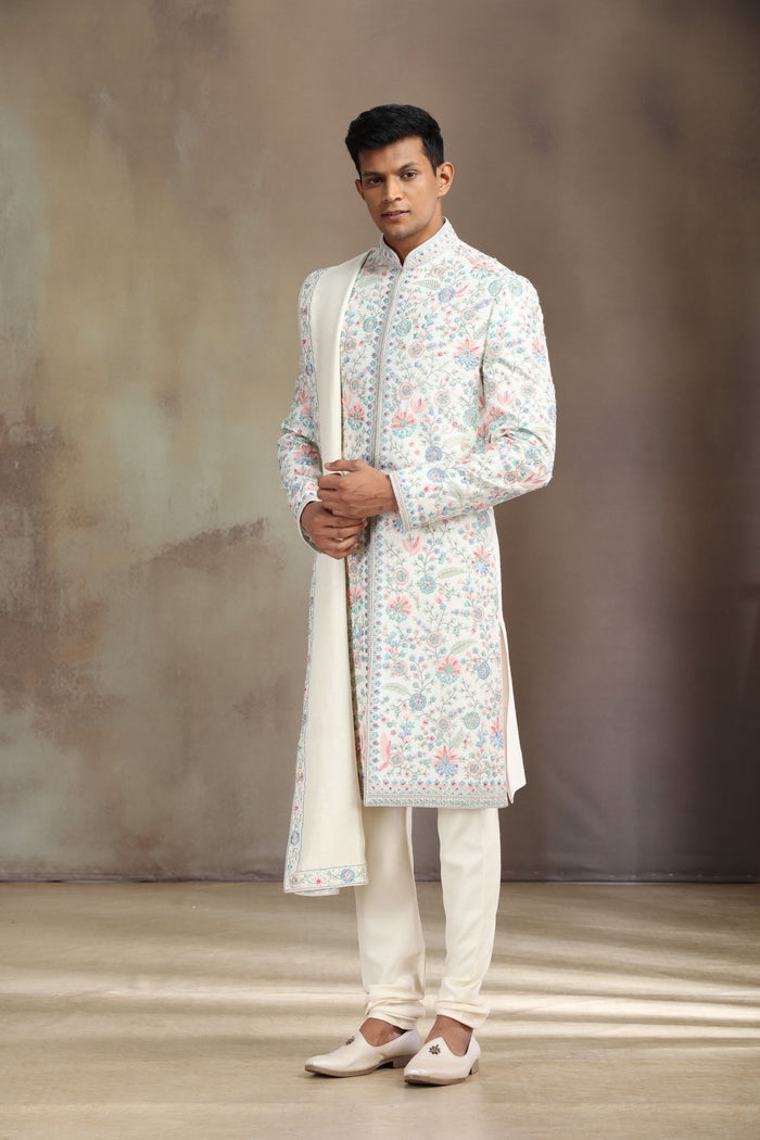 Elegant Cream Sherwani Set with Matching Dupatta and Churidar Bottoms