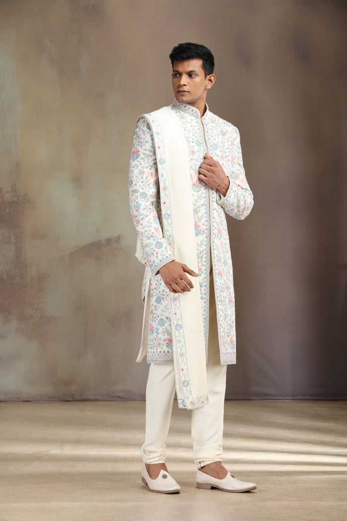 Close-up of Embroidery Detailing on Cream Prabal Silk Sherwani for Groom