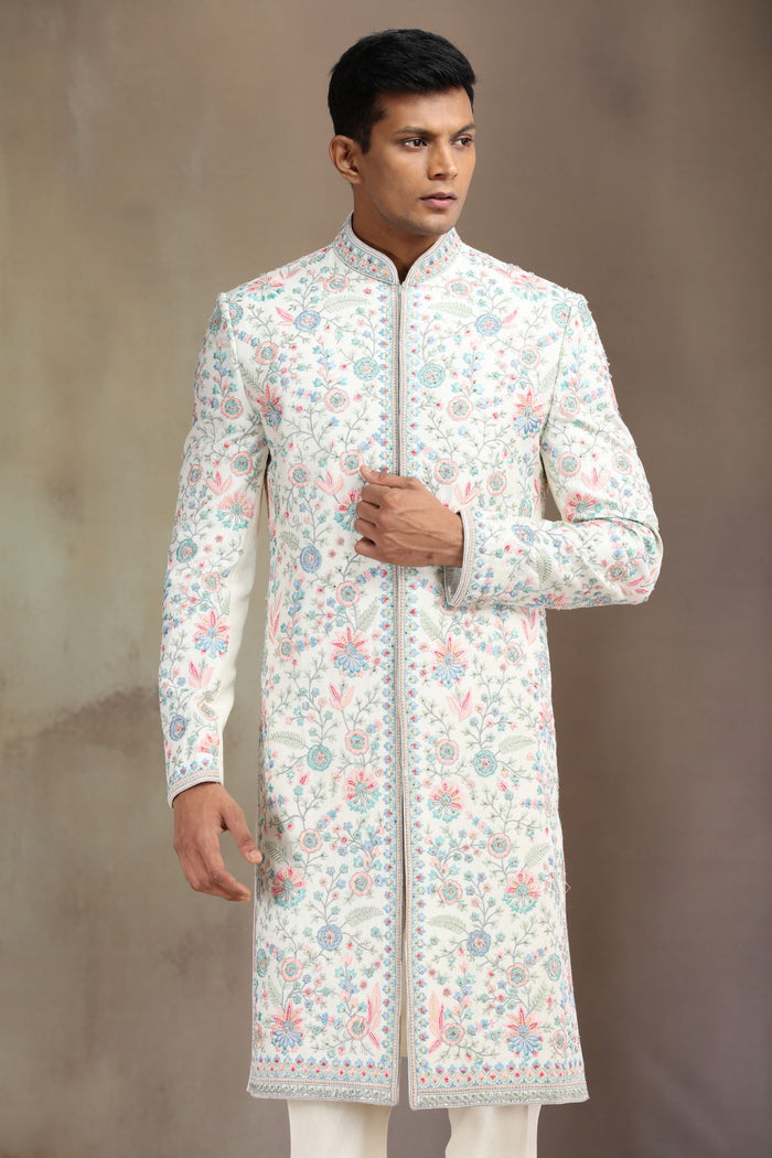 Cream Prabal Silk Embroidered Sherwani Set with Dupatta & Churidar for Men