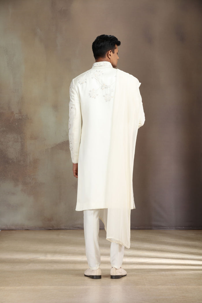 Cream Satin Linen Embroidered Sherwani Set with Dupatta & Aligarhi for Men - KORANM