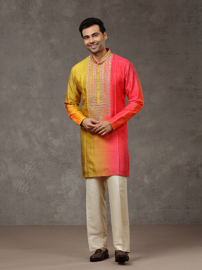 Orange Silk Embroidered Short Kurta Set with Natural Plazzo Pant - KORANM