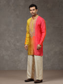 Orange Silk Embroidered Short Kurta Set with Natural Palazzo Pant