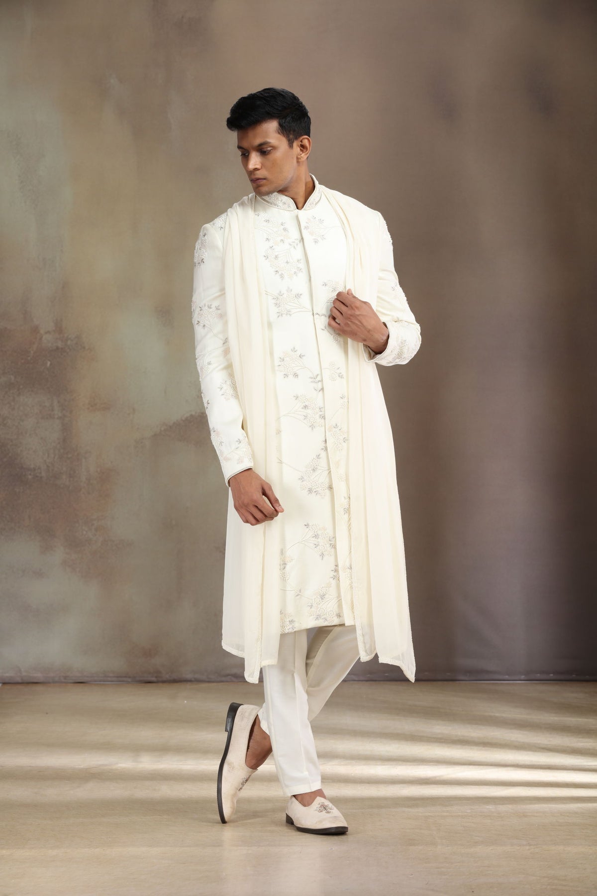 Cream Satin Linen Embroidered Sherwani Set with Dupatta & Aligarhi for Men - KORANM