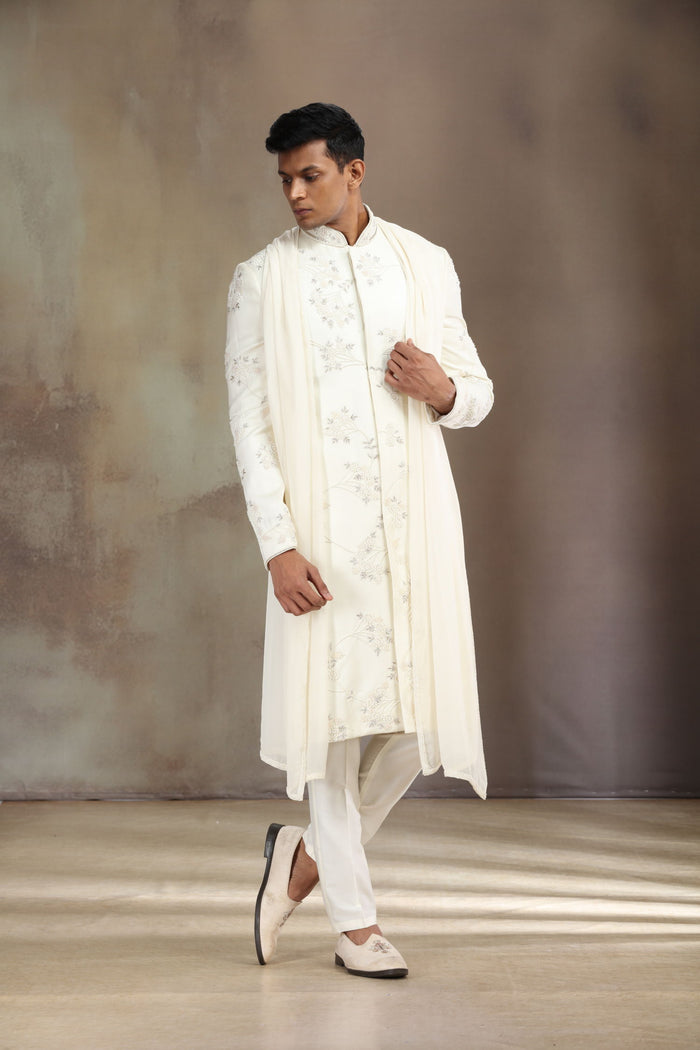 Cream Satin Linen Embroidered Sherwani Set with Dupatta & Aligarhi for Men - KORANM