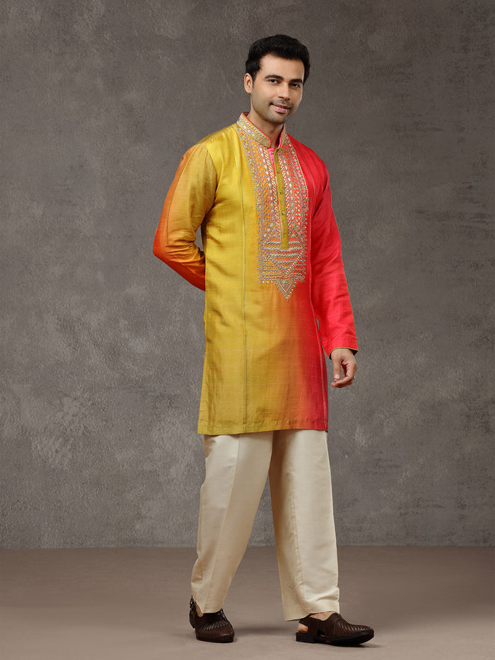 Orange Silk Embroidered Short Kurta Set with Natural Plazzo Pant