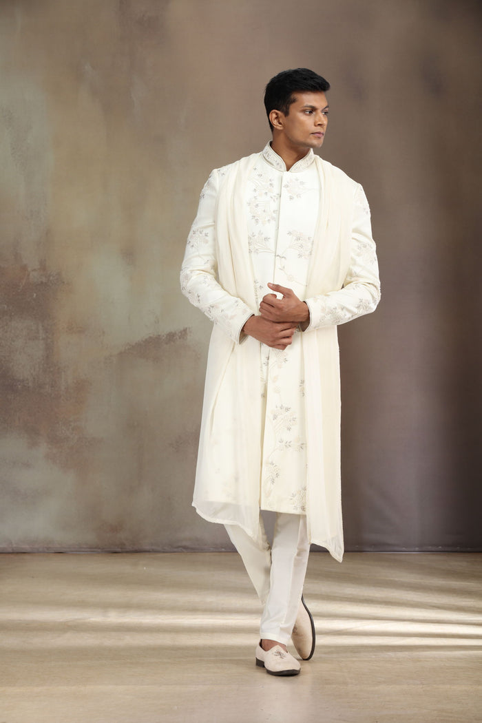 Cream Satin Linen Embroidered Sherwani Set with Dupatta & Aligarhi for Men - KORANM
