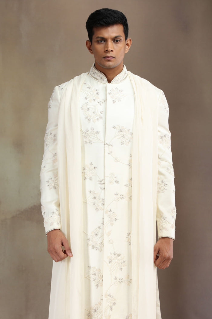 Cream Satin Linen Embroidered Sherwani Set with Dupatta & Aligarhi for Men - KORANM