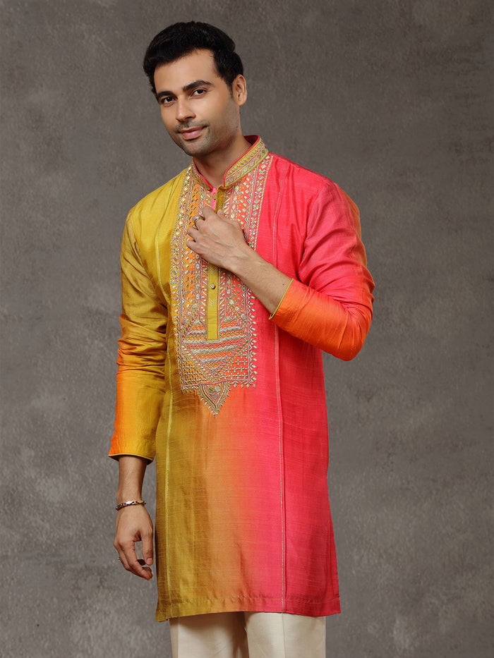 Orange Silk Embroidered Short Kurta Set with Natural Plazzo Pant