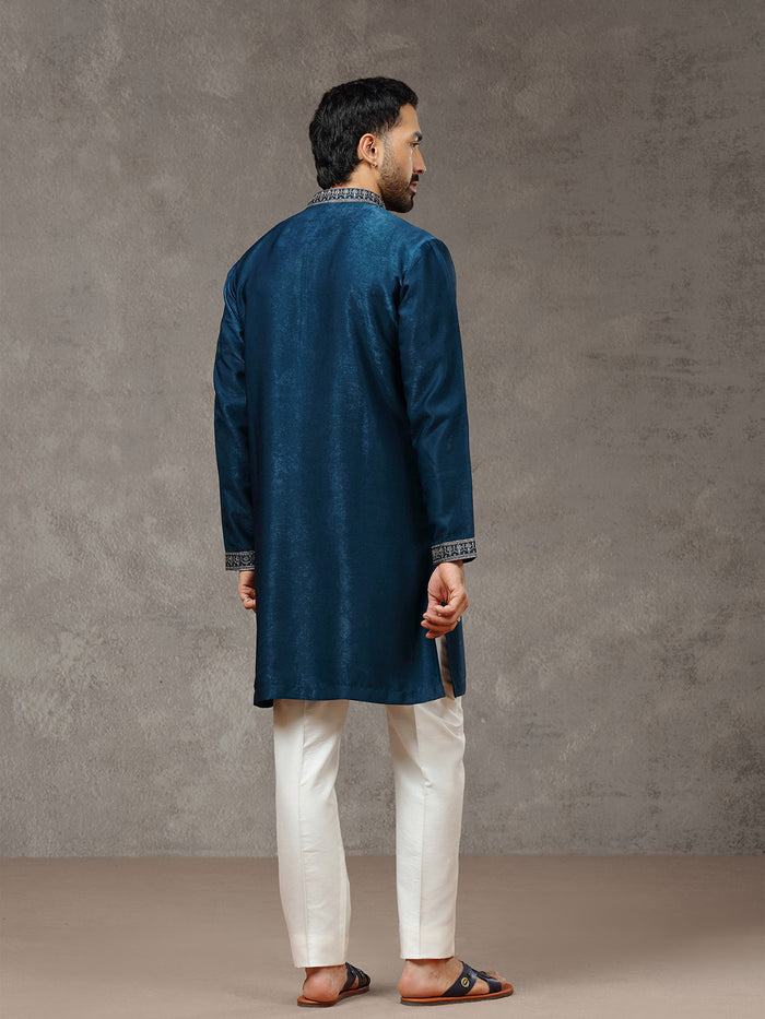 Teal Blue Velvet Kurta with White Aligarhi Pant