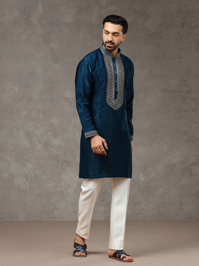 Teal Blue Velvet Kurta with White Aligarhi Pant