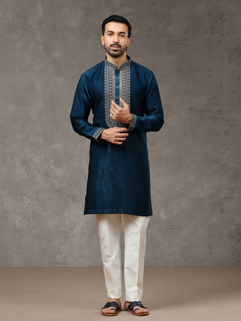 Teal Blue Velvet Kurta with White Aligarhi Pant - KORANM