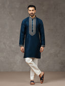 Teal Blue Velvet Kurta with White Aligarhi Pant
