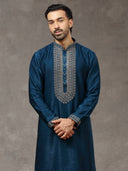 Teal Blue Velvet Kurta with White Aligarhi Pant