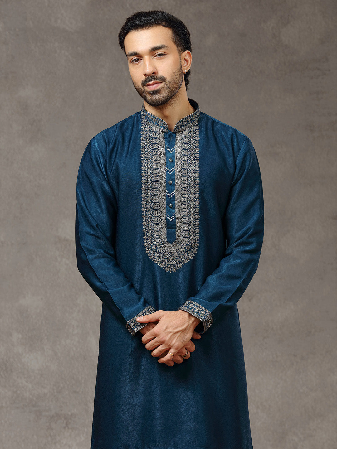 Teal Blue Velvet Kurta with White Aligarhi Pant - KORANM