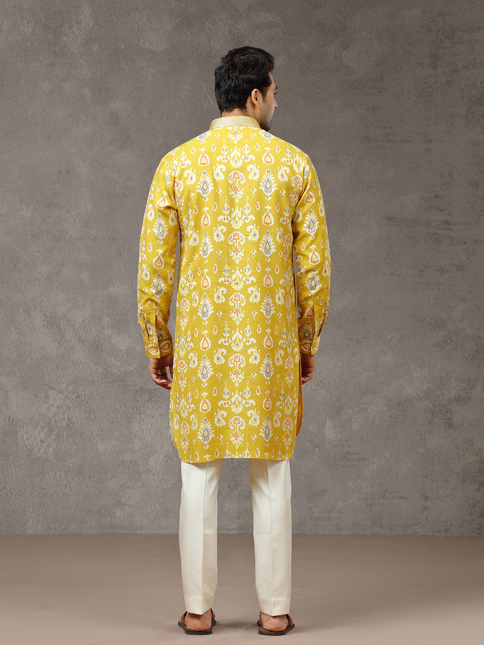 Mustard Printed Kurta with Aligarhi Pant