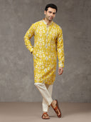 Mustard Printed Kurta with Aligarhi Pant