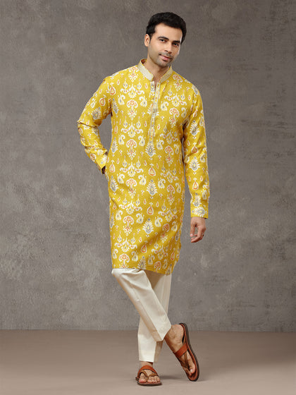 Mustard Printed Kurta with Aligarhi Pant