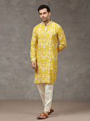 Mustard Printed Kurta with Aligarhi Pant