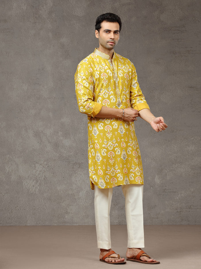Mustard Printed Kurta with Aligarhi Pant