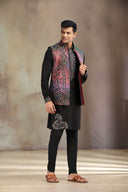 Multi-colored Silk Bandi Set with striking prints and intricate embroidery.