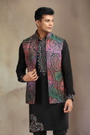 Multi-colored Silk Bandi Set with striking prints and intricate embroidery.