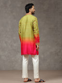 Olive Silk Printed & Embroidered Short Kurta Set with White Palazzo Pant